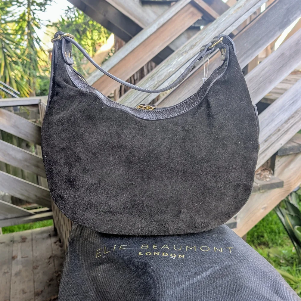 Elie Beaumont Crescent Suede Bag - Chocolate - Crossbody Or Shoulder Adjustable